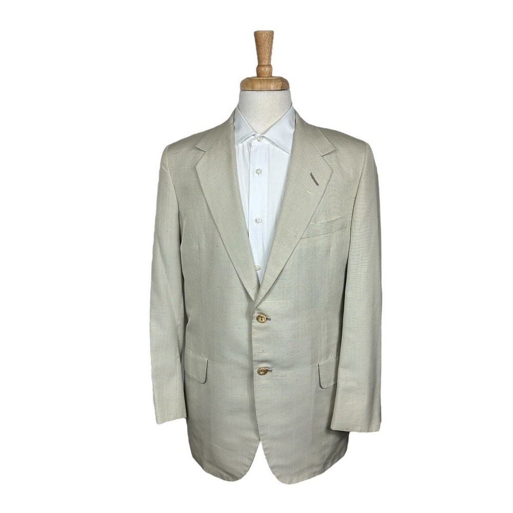 Oxxford Clothes Cream Blue‎ Check Raw Silk Mens Half Lined Blazer 41L
